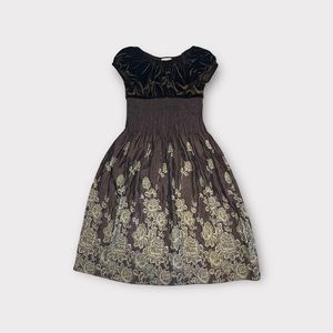 Pink Vanilla Vintage Velour Bodice Brown Floral Bottom Smocked Dress